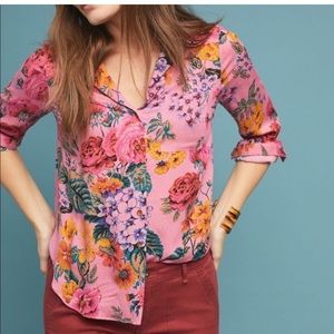 Anthropologie Maeve Pink Floral Button Down Top